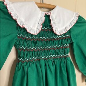 Vintage Poly Flinders Girls Green Smocked Christmas Dress with White Collar